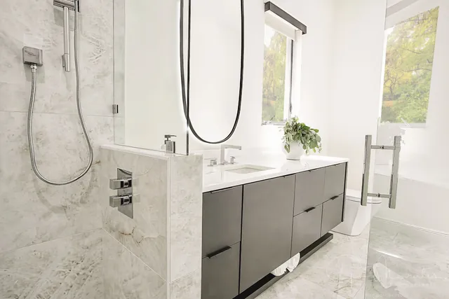 Dressing room & marble bathrooms, by Twice The Style